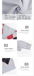 Close-up of light gray knit fabric with product details showing brand YYFS, care instructions and design features