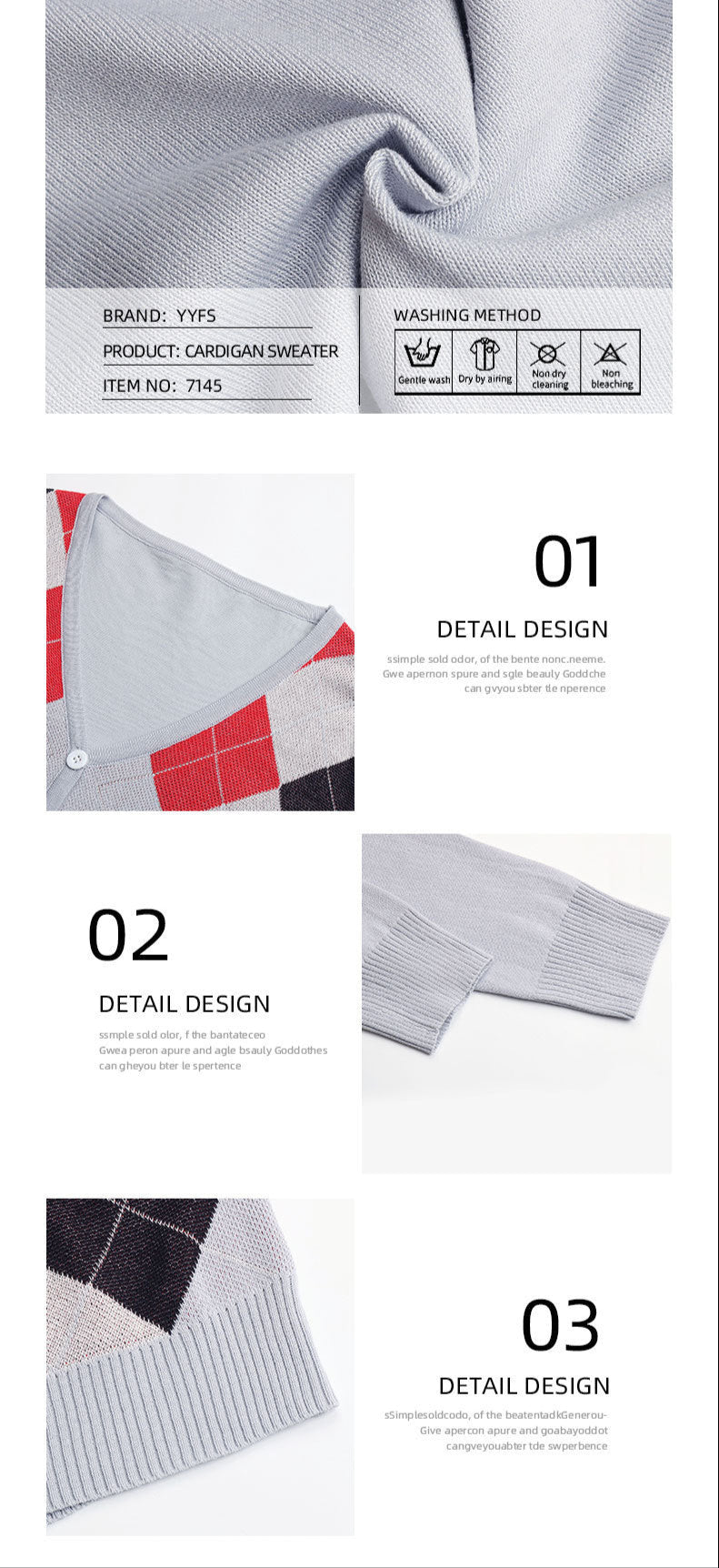 Close-up of light gray knit fabric with product details showing brand YYFS, care instructions and design features