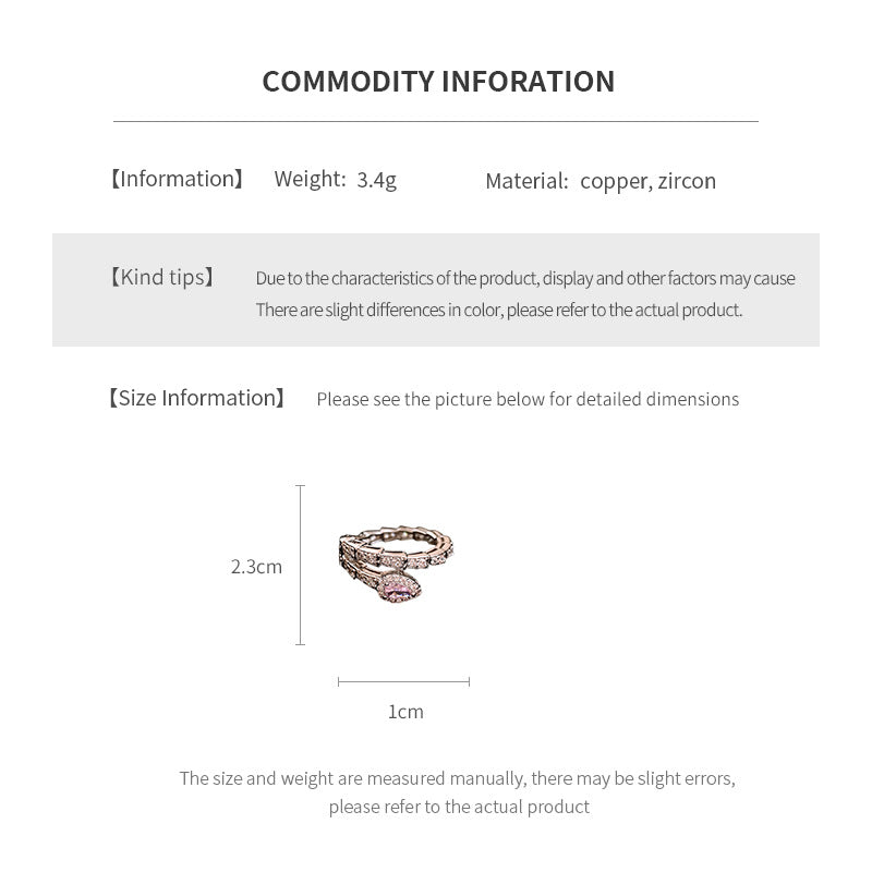 Technical specifications and sizing chart for snake-shaped diamond ring