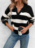 Striped black and white collared sweater paired with jeans and gold necklaces