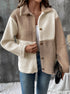 Two-tone beige and cream sherpa jacket with button front over white tank top and jeans