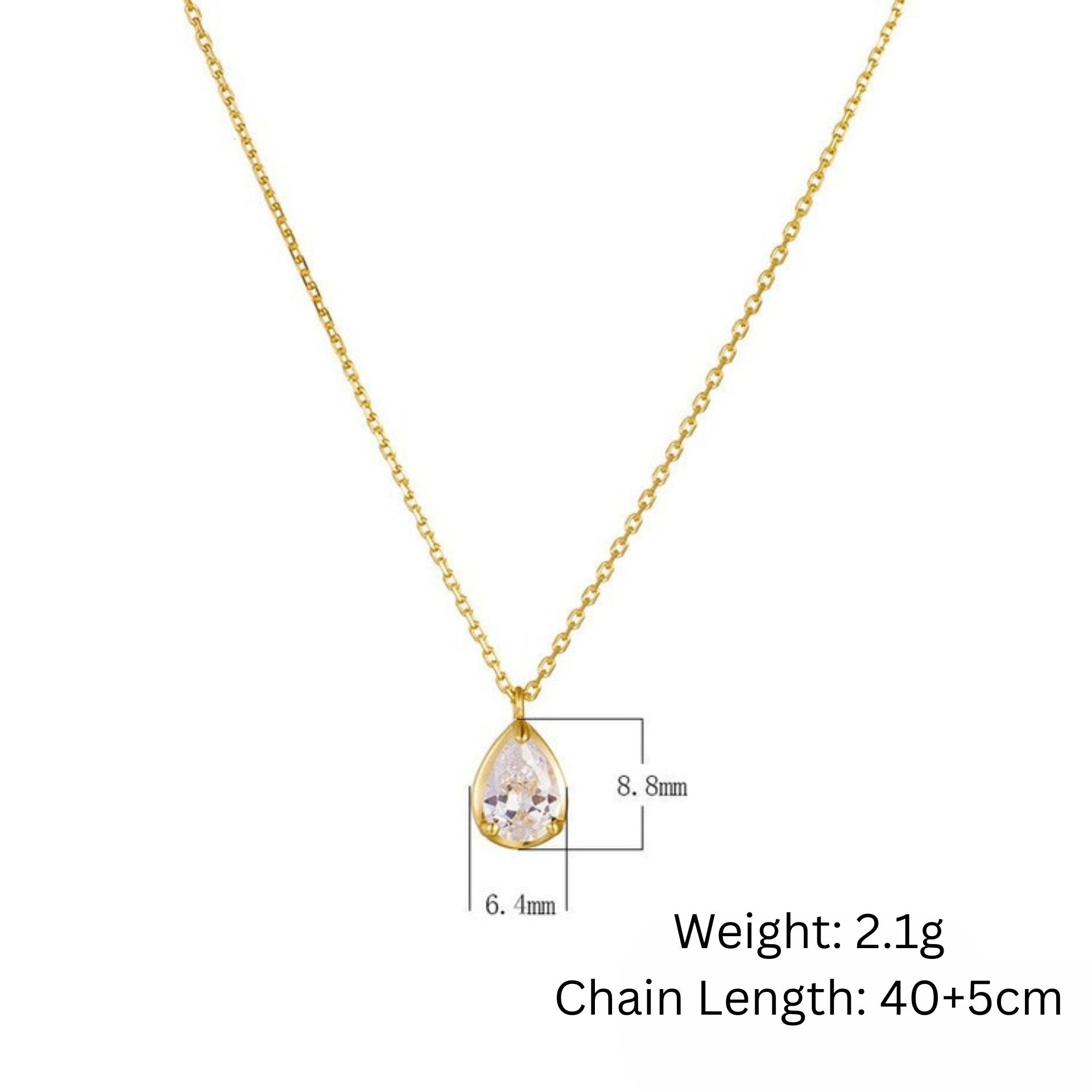 Gold necklace with pear-shaped CZ pendant, shown with size and weight details.