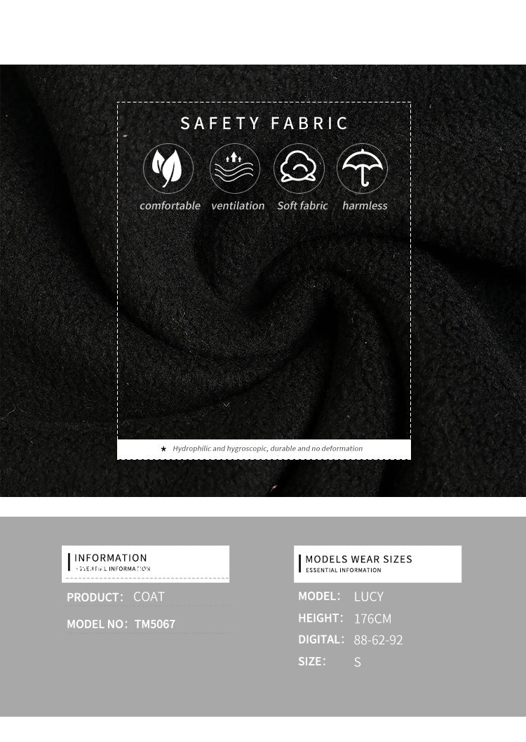 Close-up details of black cardigan showing decorative white contrast stitching and button closure
