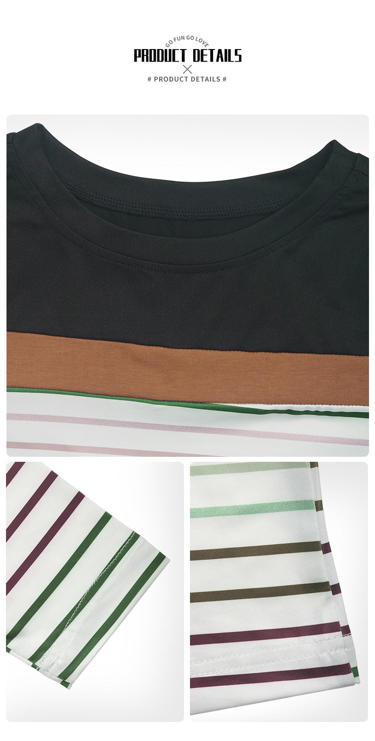 Close-up details of color block top featuring black, brown and white stripes pattern