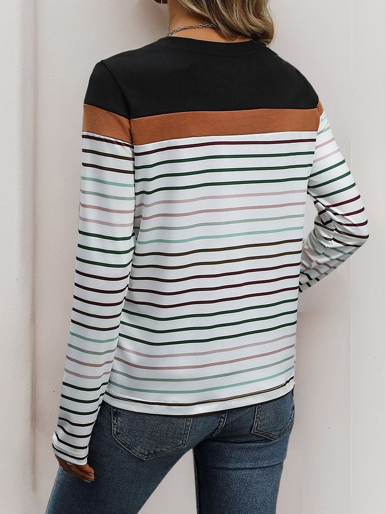 Women's casual striped top in color block design with round neck and long sleeves
