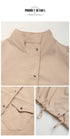 Close-up details of beige utility jacket showing stand collar, snap buttons, flap pockets and adjustable cuffs