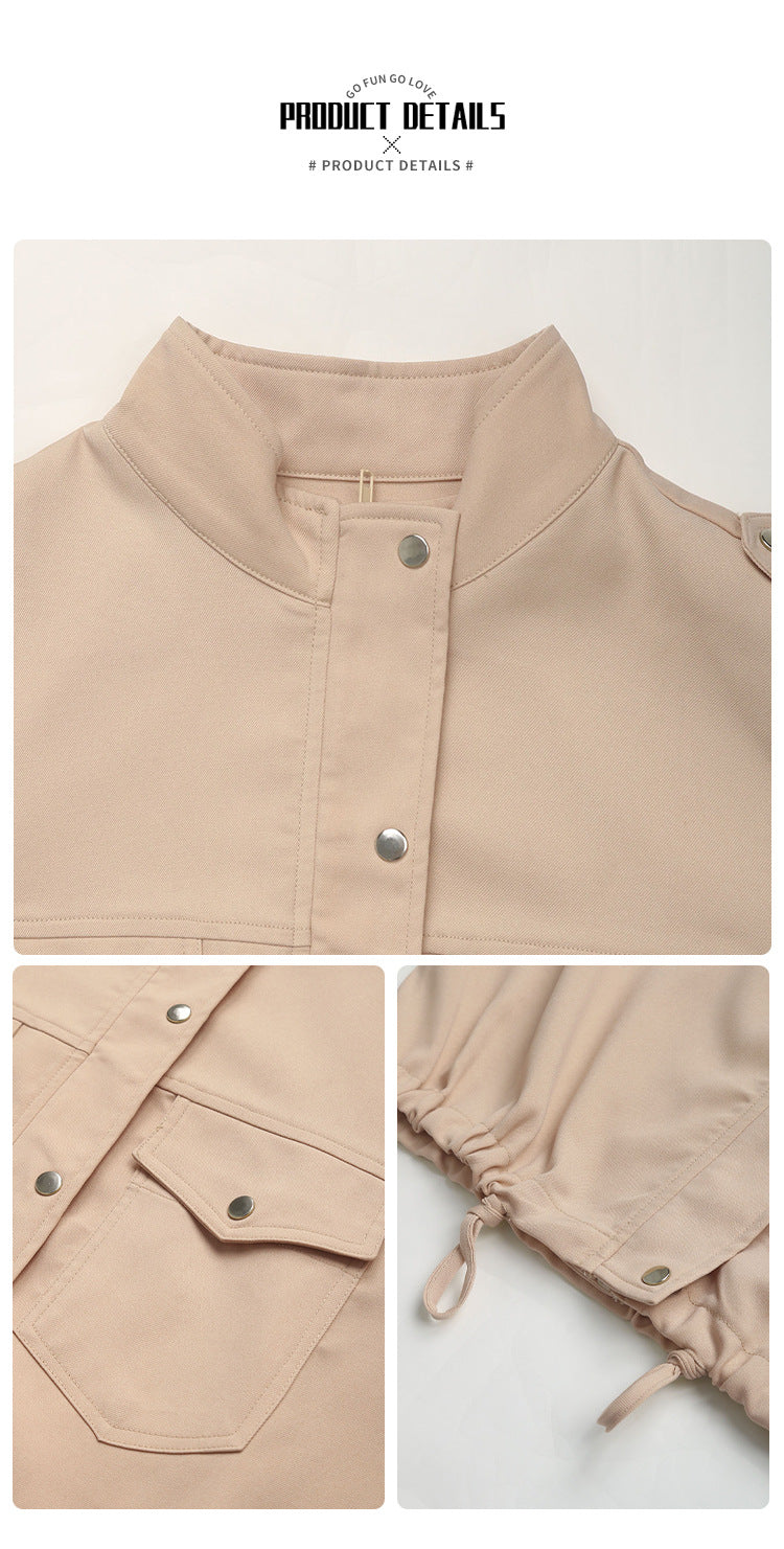Close-up details of beige utility jacket showing stand collar, snap buttons, flap pockets and adjustable cuffs