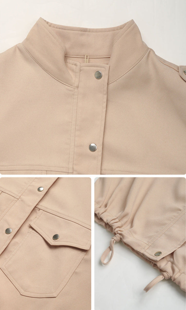 Close-up details of beige jacket showing stand collar, snap buttons, flap pocket and drawstring sleeve