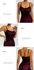 Instructional image showing burgundy athletic wear features with two views demonstrating silky mesh fabric and supportive waistband design