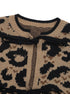 Close-up of cardigan neckline showing black trim detail and knit texture of leopard pattern