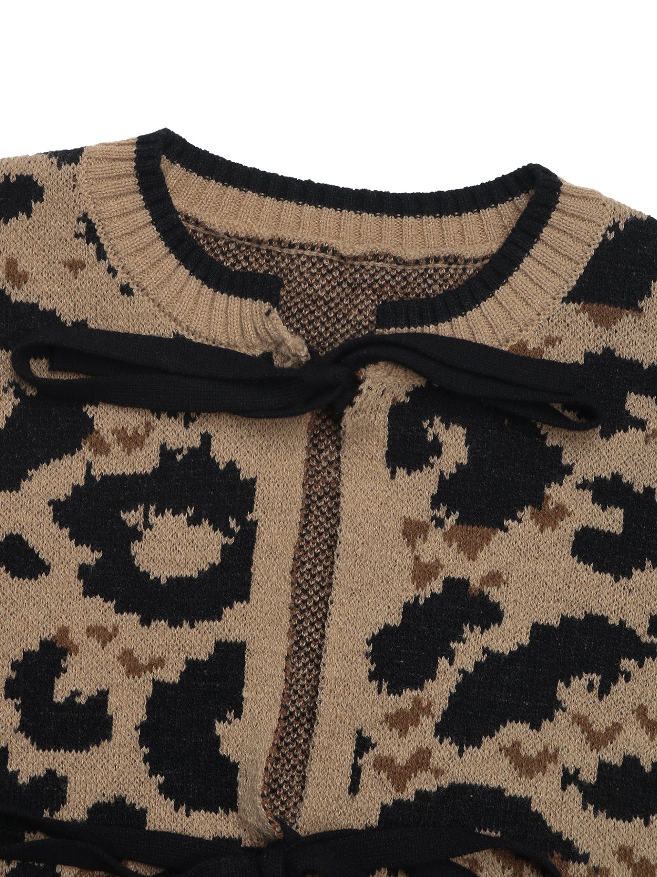 Close-up of cardigan neckline showing black trim detail and knit texture of leopard pattern