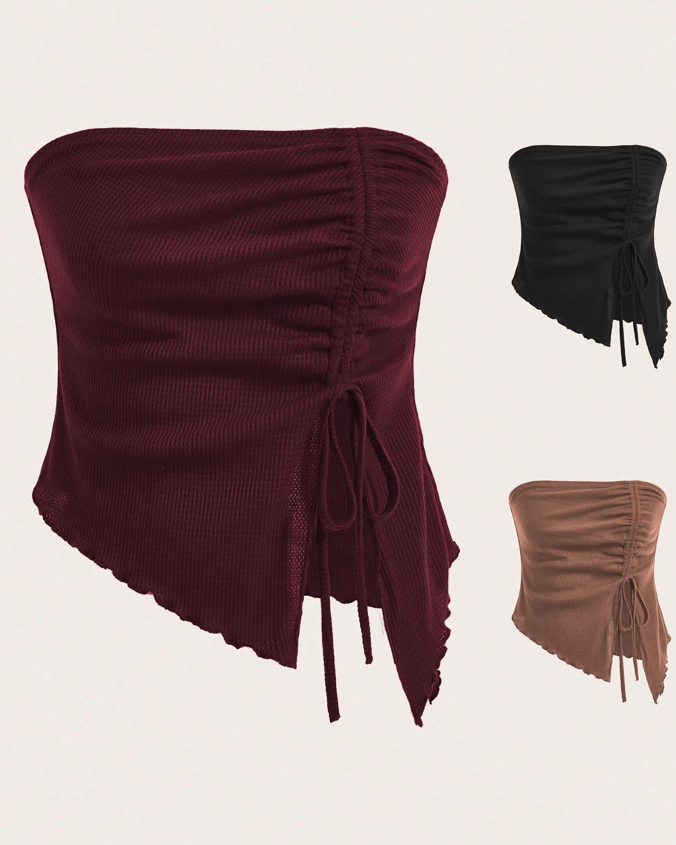 A burgundy ribbed tube top with asymmetric hem featuring adjustable tie detail and mesh trim shown with color options in black and tan