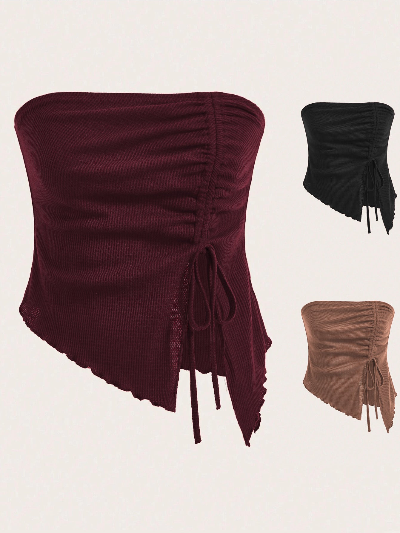 A burgundy ribbed tube top with asymmetric hem featuring adjustable tie detail and mesh trim shown with color options in black and tan