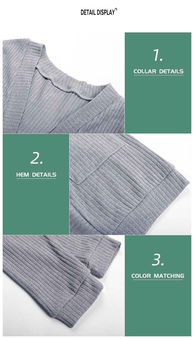 Close-up of cardigan construction, highlighting collar, hem, and color matching details