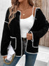 Women's black cardigan with white contrast stitching detail and front pockets