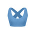 Denim blue sports bra with crossed back straps and scoop neckline