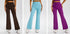Three side-by-side photos showing the same flared yoga pants style in different colors - brown, light blue, and purple - each worn with white sneakers against a gray background