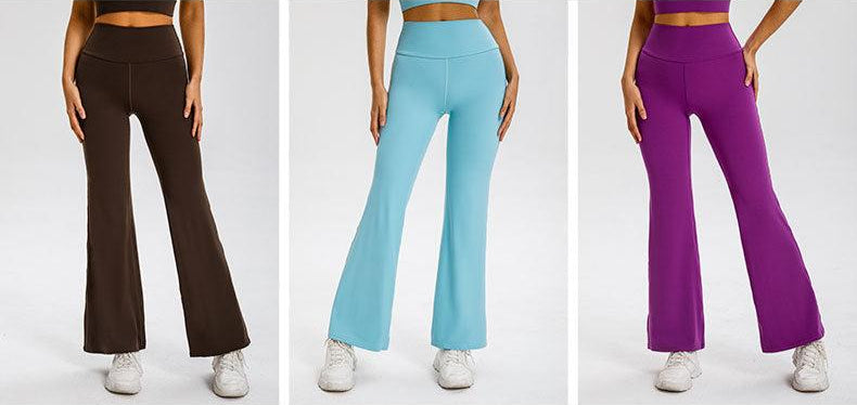 Three side-by-side photos showing the same flared yoga pants style in different colors - brown, light blue, and purple - each worn with white sneakers against a gray background