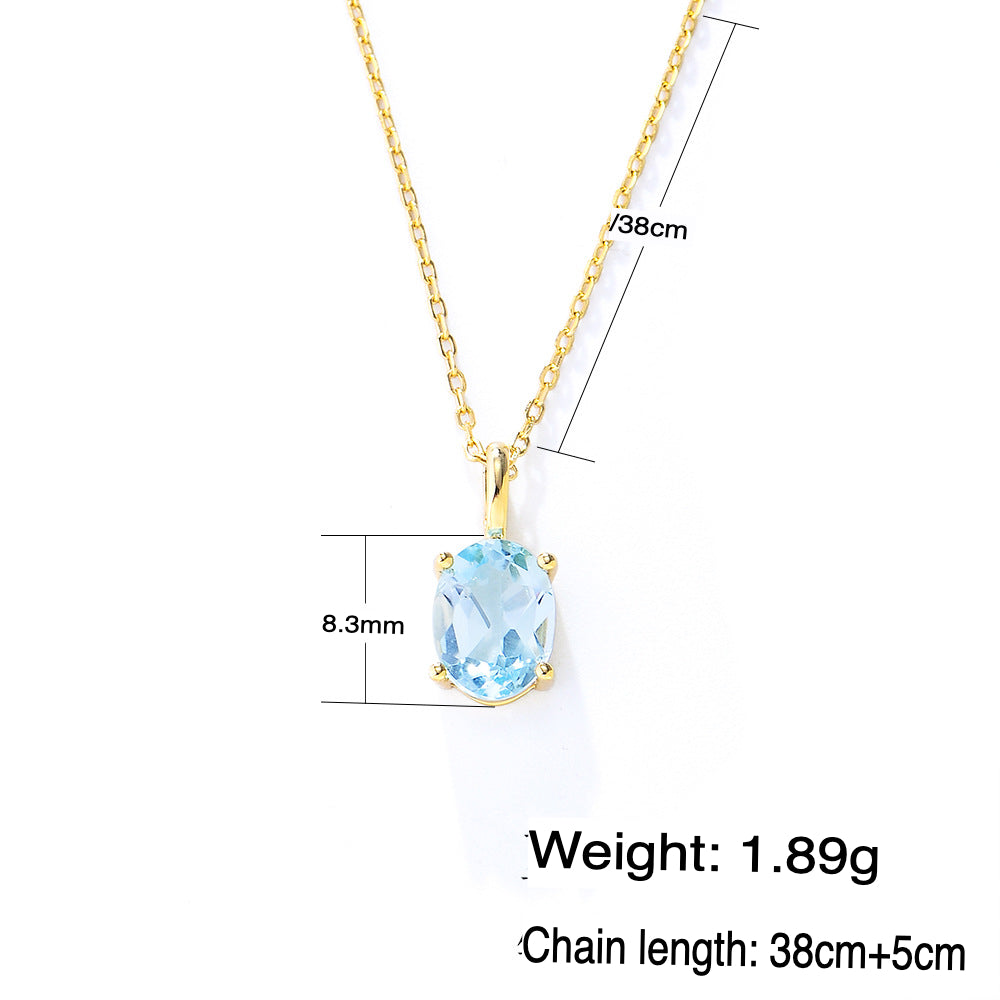 Blue topaz necklace with size and weight details showing 8.3mm pendant and 43cm chain.