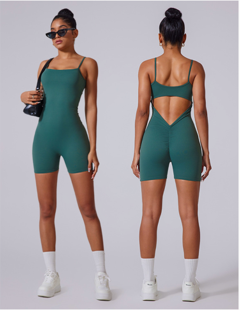 Product detail image showing teal green bodysuit/romper with style number YLT4031, modeled from front and back with optional color options