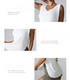 A product feature display showing a white v-neck tank with callouts for sleeveless design, loose comfort fit, and curved hem details