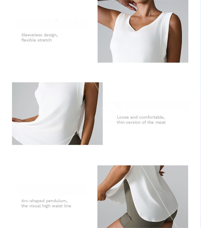 A product feature display showing a white v-neck tank with callouts for sleeveless design, loose comfort fit, and curved hem details