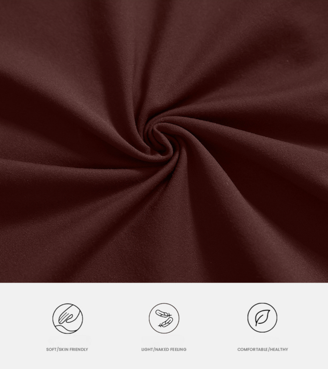 Close-up of brown fabric texture with three icons below showing soft, light, and comfortable product features