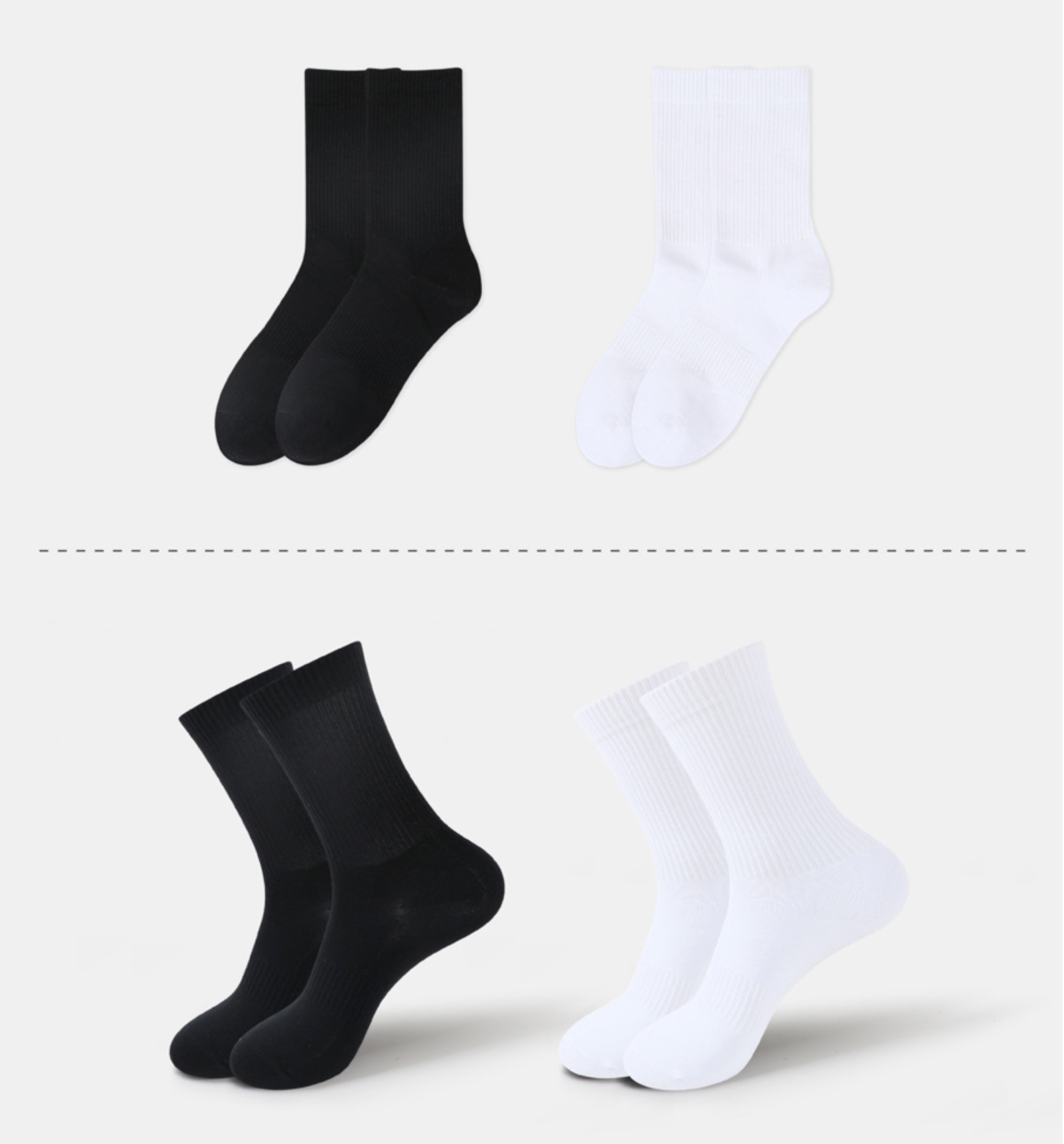 Product layout showing pairs of black and white ribbed sports socks arranged in rows against white background with dividing line