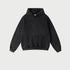 Black pullover hoodie with kangaroo pocket and ribbed cuffs on white background