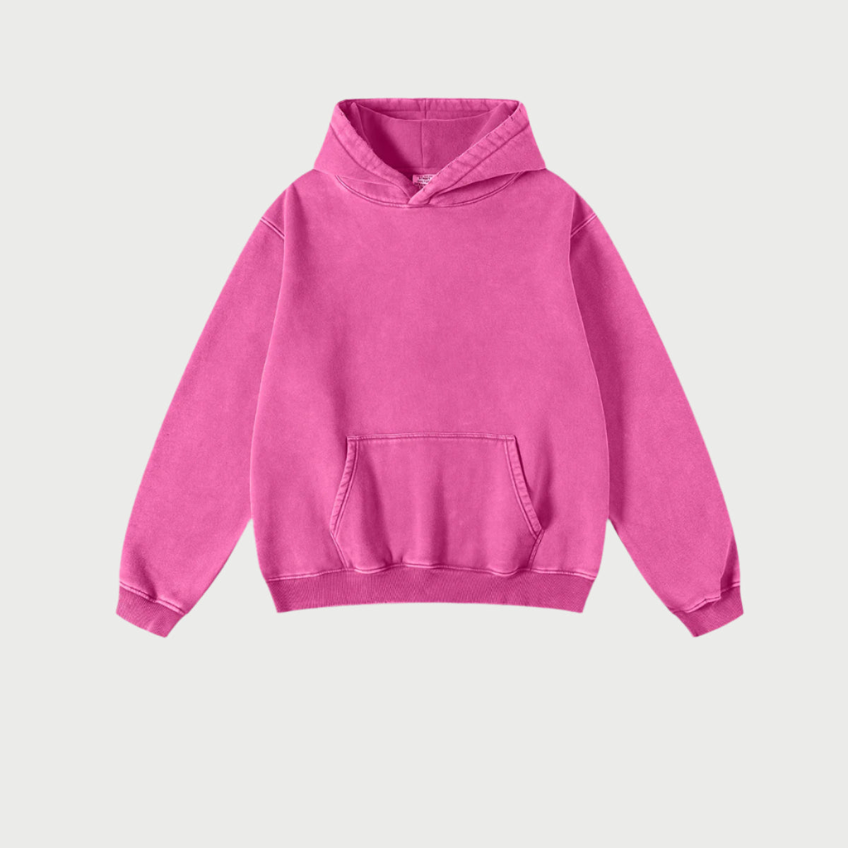 Pink pullover hoodie with kangaroo pocket displayed flat against white background