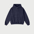 Navy blue pullover hoodie with kangaroo pocket displayed flat against white background