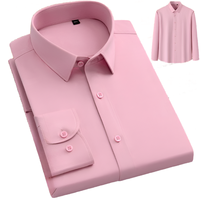 Soft pink dress shirt with pointed collar and button front closure shown folded with thumbnail of complete shirt