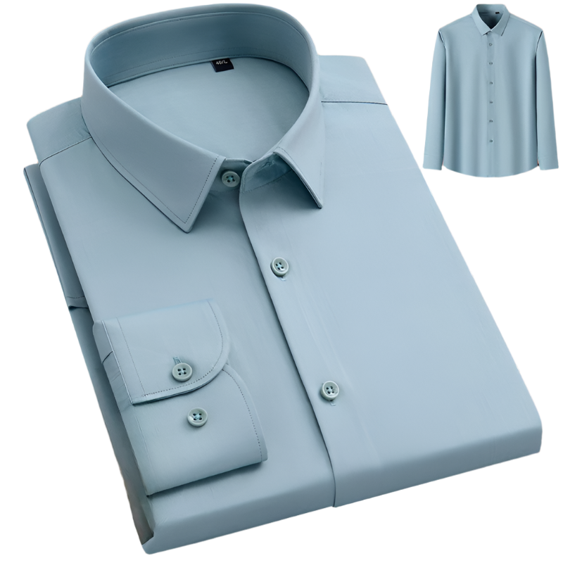 Pale blue-gray dress shirt with collar and button cuffs shown folded with small product image in corner
