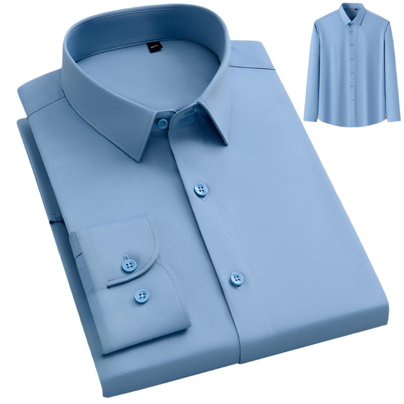 Medium blue dress shirt with pointed collar and button placket shown folded with thumbnail of full shirt