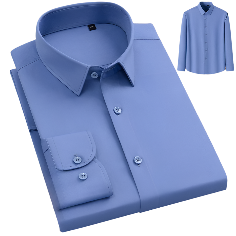 Cornflower blue dress shirt with neat collar and button-front closure shown folded with thumbnail of complete shirt