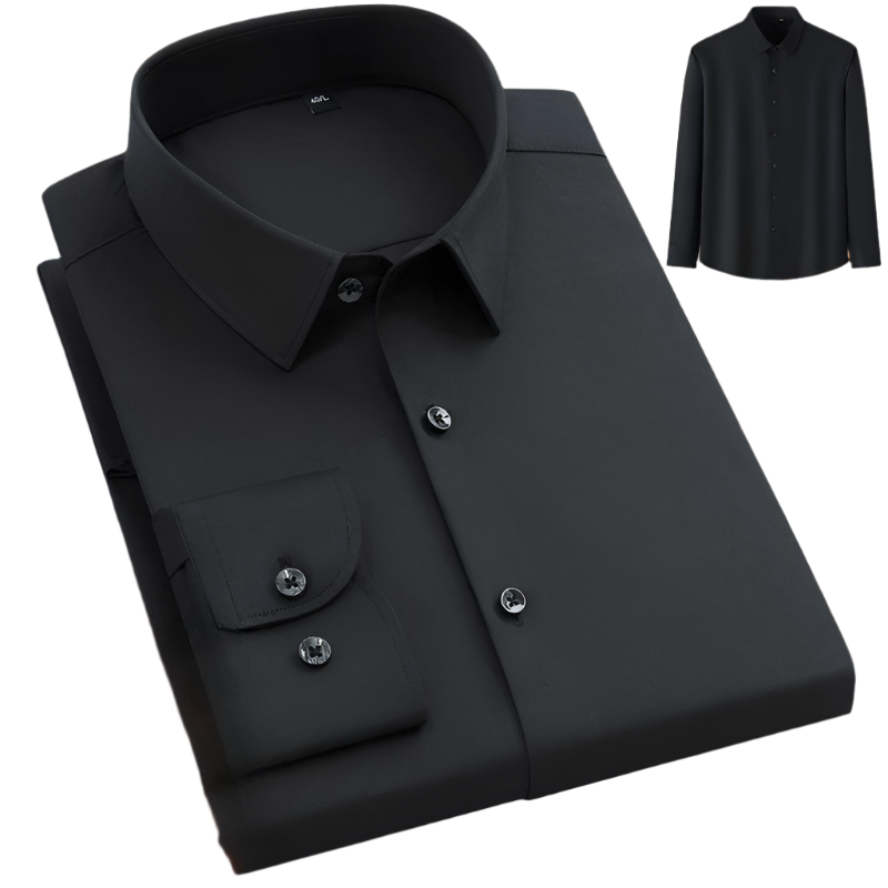 Classic black dress shirt with pointed collar and buttoned cuffs shown folded with thumbnail of full shirt in corner