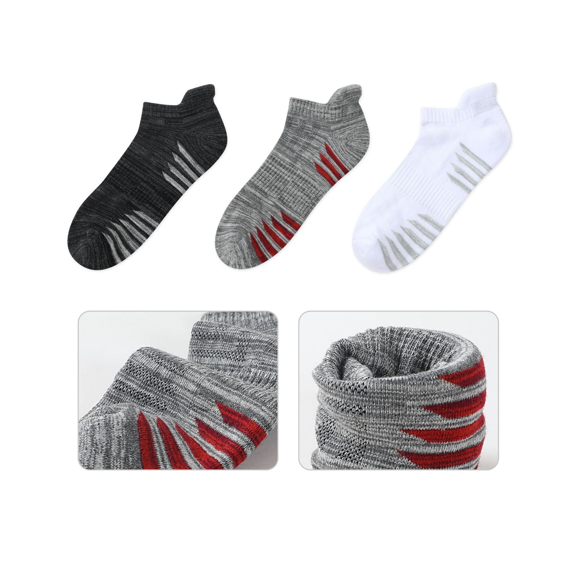 Product lineup of athletic ankle socks in black, grey, and white colorways with cushioned sole detail and ventilation zones