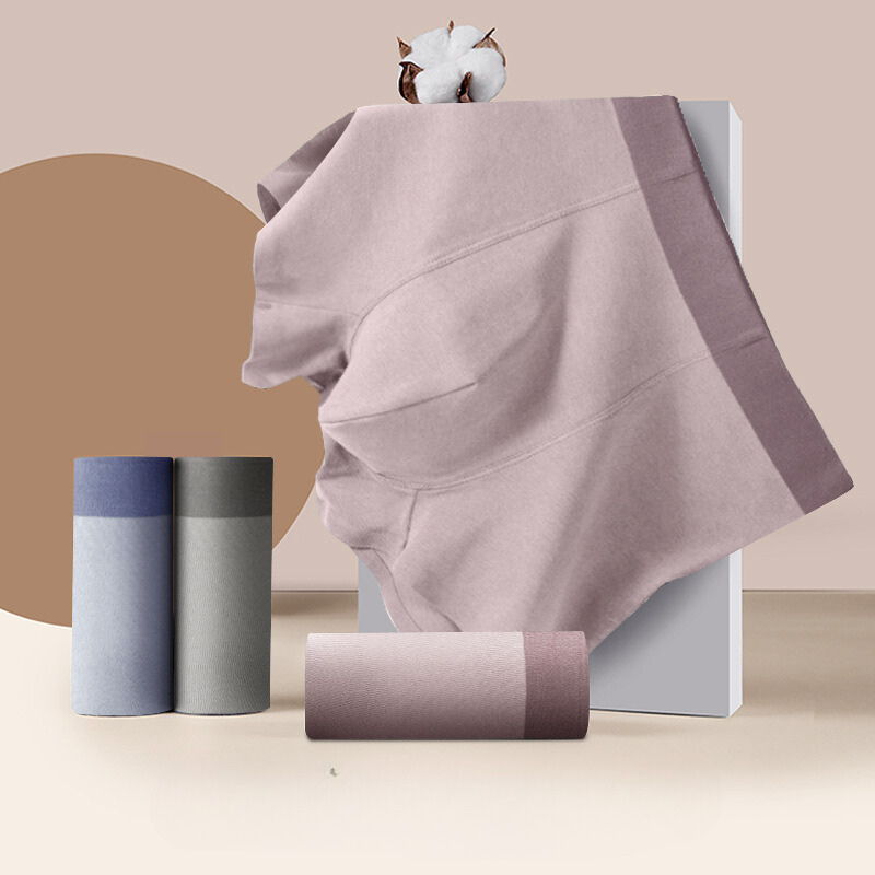 Cotton boxer briefs display with cotton boll, color swatches, and fabric rolls in neutral tones