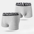 Two gray men's boxer briefs with black "FASHION" elastic waistband shown from front and back views