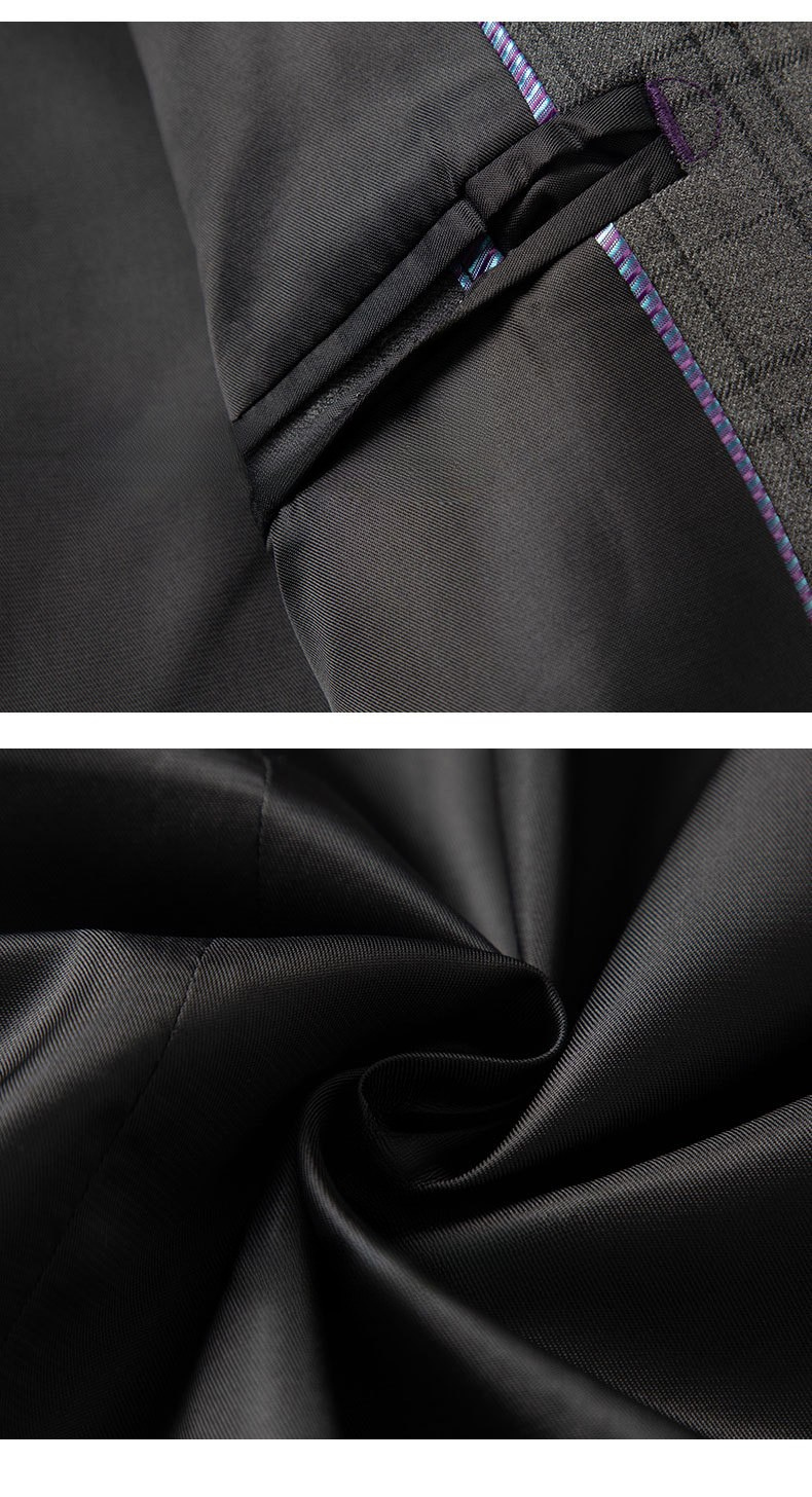 Detail shots of suit seams showing purple contrast stitching and black fabric lining
