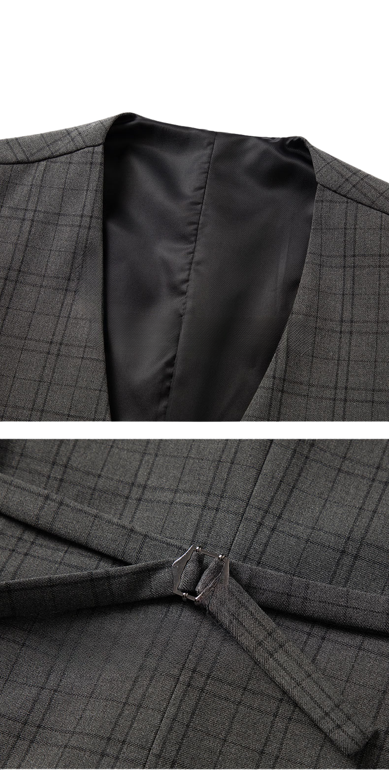 Close-up details of gray suit jacket lapel and waist adjustment strap in plaid fabric