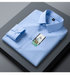 A folded sky blue dress shirt displayed on dark gray surface. Perfect collar fold showing with sleeve and buttons visible.