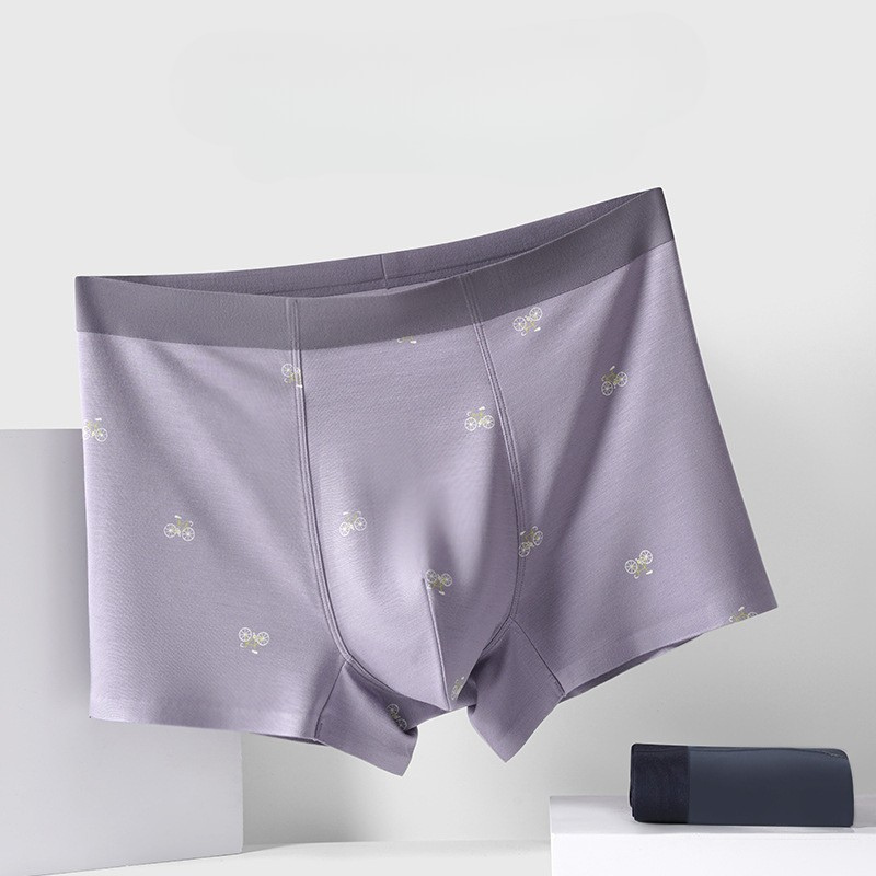 Lavender men's boxer briefs with bicycle pattern print, modern slim fit style