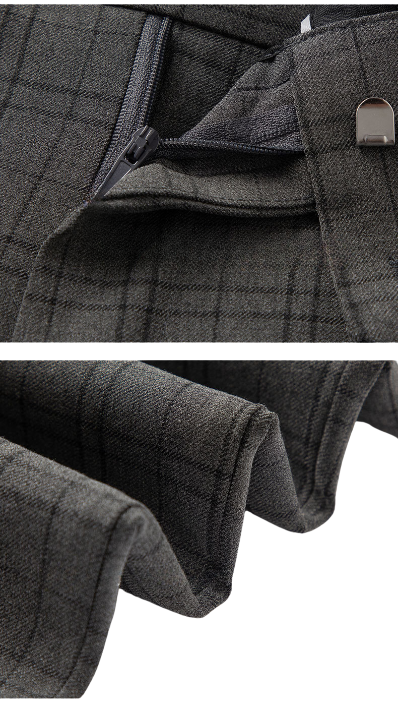 Close-up of trouser zipper and fabric texture details showing quality construction