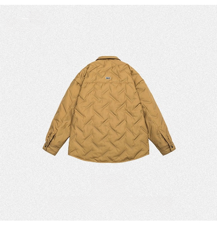 Tan quilted jacket with collar displayed flat against light gray background, showing diagonal quilting pattern