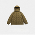 An olive hexagonal-quilted puffer jacket with hood and EXPLORERA logo displayed flat against light gray background