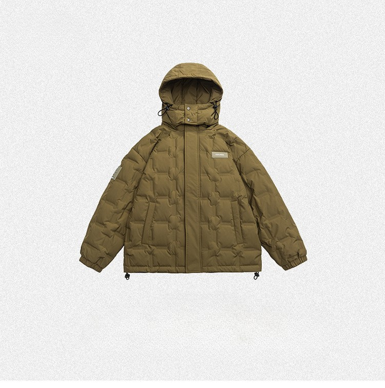 An olive hexagonal-quilted puffer jacket with hood and EXPLORERA logo displayed flat against light gray background