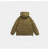 Back view of olive hexagonal-quilted puffer jacket with hood displayed flat against light gray background