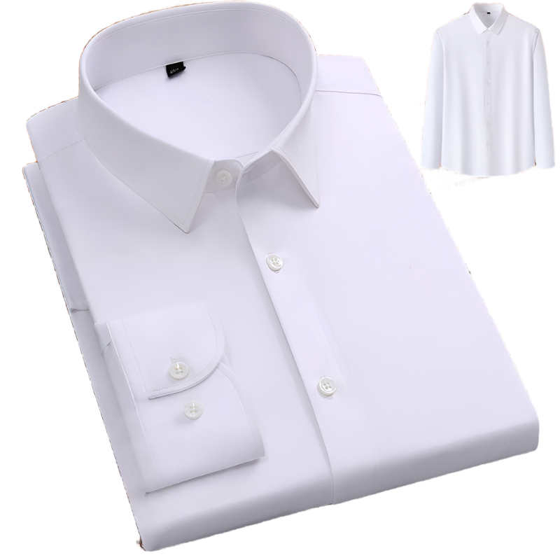 Crisp white dress shirt folded with pointed collar, button-down placket and single pocket with thumbnail of full shirt