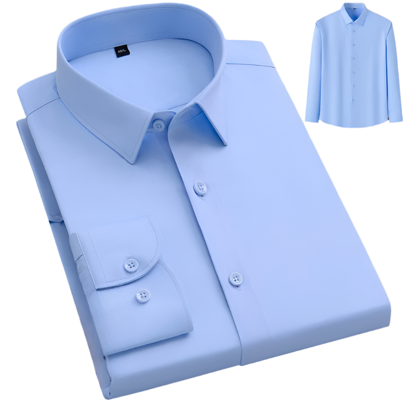 Light blue dress shirt with standard collar, button front and chest pocket with small thumbnail of complete shirt